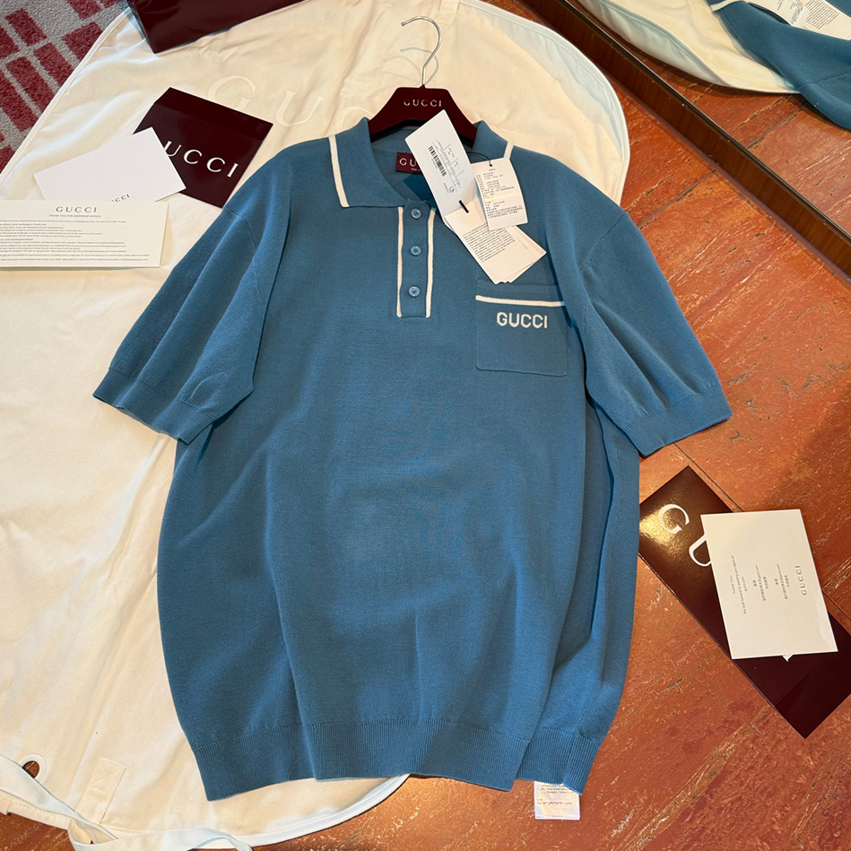 NIGO Gucci Men's Spring And Summer Logo Embroidery Mulberry Silk Cotton Solid Color Short Sleeve Lapel Polo Shirt #nigo81175