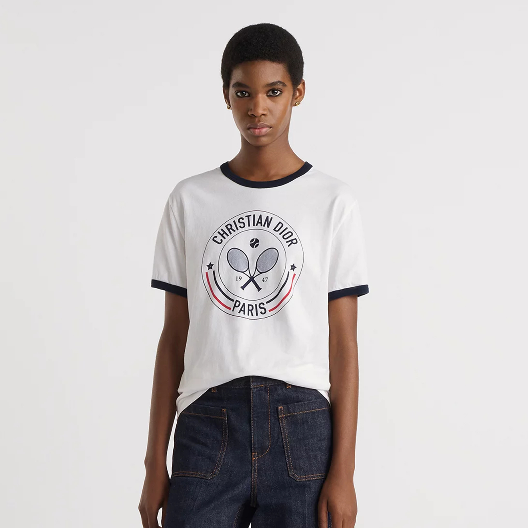 NIGO Dior Women's Dior Vibe T-Shirt Summer Tennis Print Colorblocked Knit Cotton Top #nigo81183