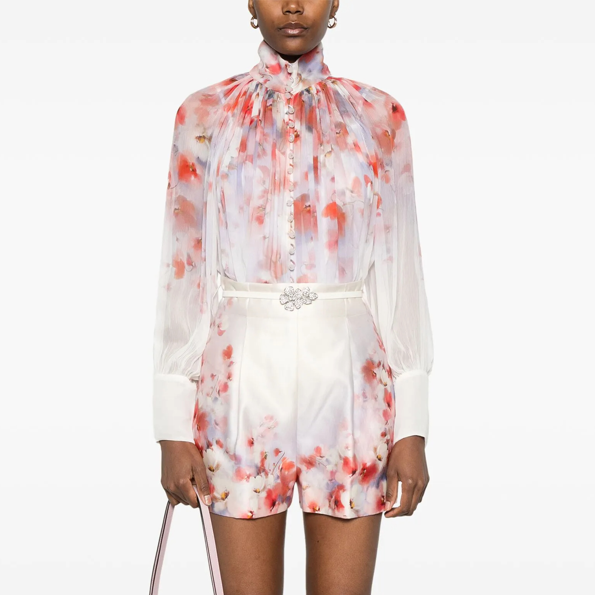 NIGO Zimmermann Women's High Neck Floral Print Long Sleeve Crush Shirt Solid Color Summer Silk Cotton Removable Belt Zipper Closure Casual Shorts Ngvp #nigo1525