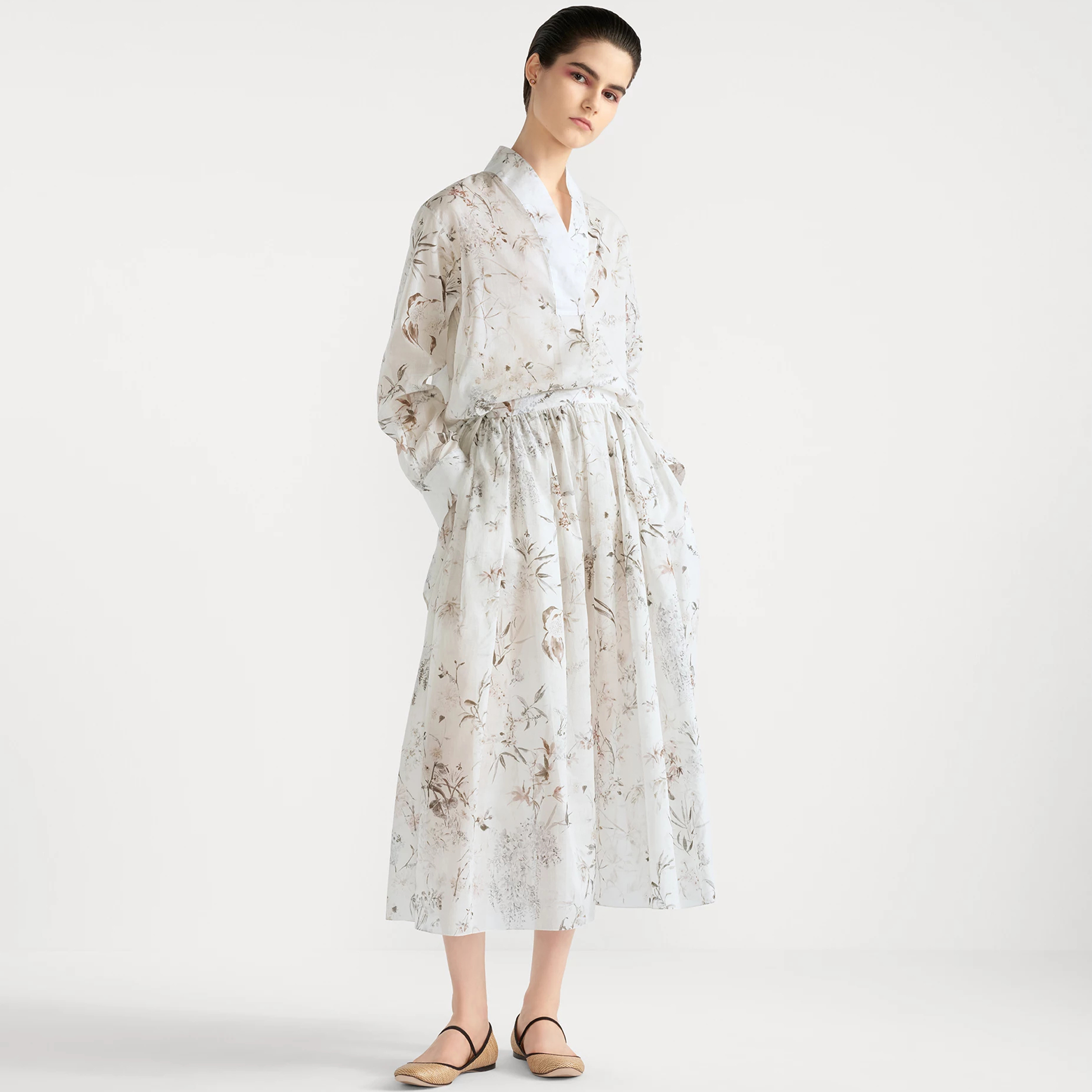 NIGO Dior Women's Summer  White Cotton Multicolour Millefiori Patterned Long Shirt Flared Half Skirt Set Fashionable Elegant Simple Suit Ngvp  #nigo1573
