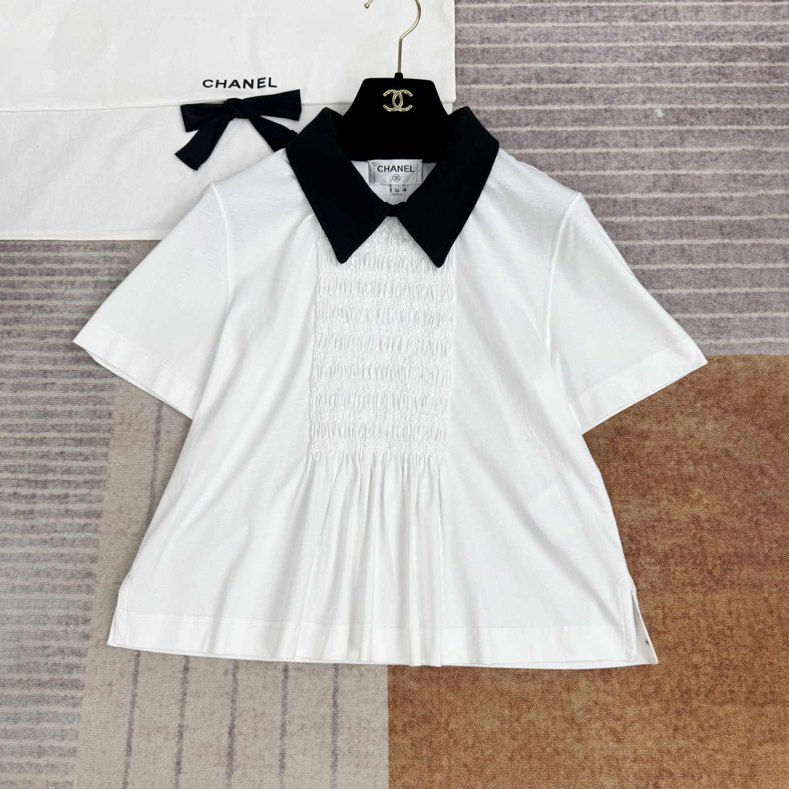 NIGO Chanel Women's Summer Solid Colour Doll Neck Pleated Short Sleeve Cotton Top #nigo76625