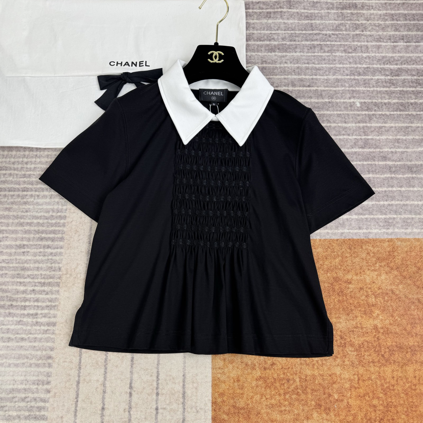 NIGO Chanel Women's Summer Solid Colour Doll Neck Pleated Short Sleeve Cotton Top #nigo76625