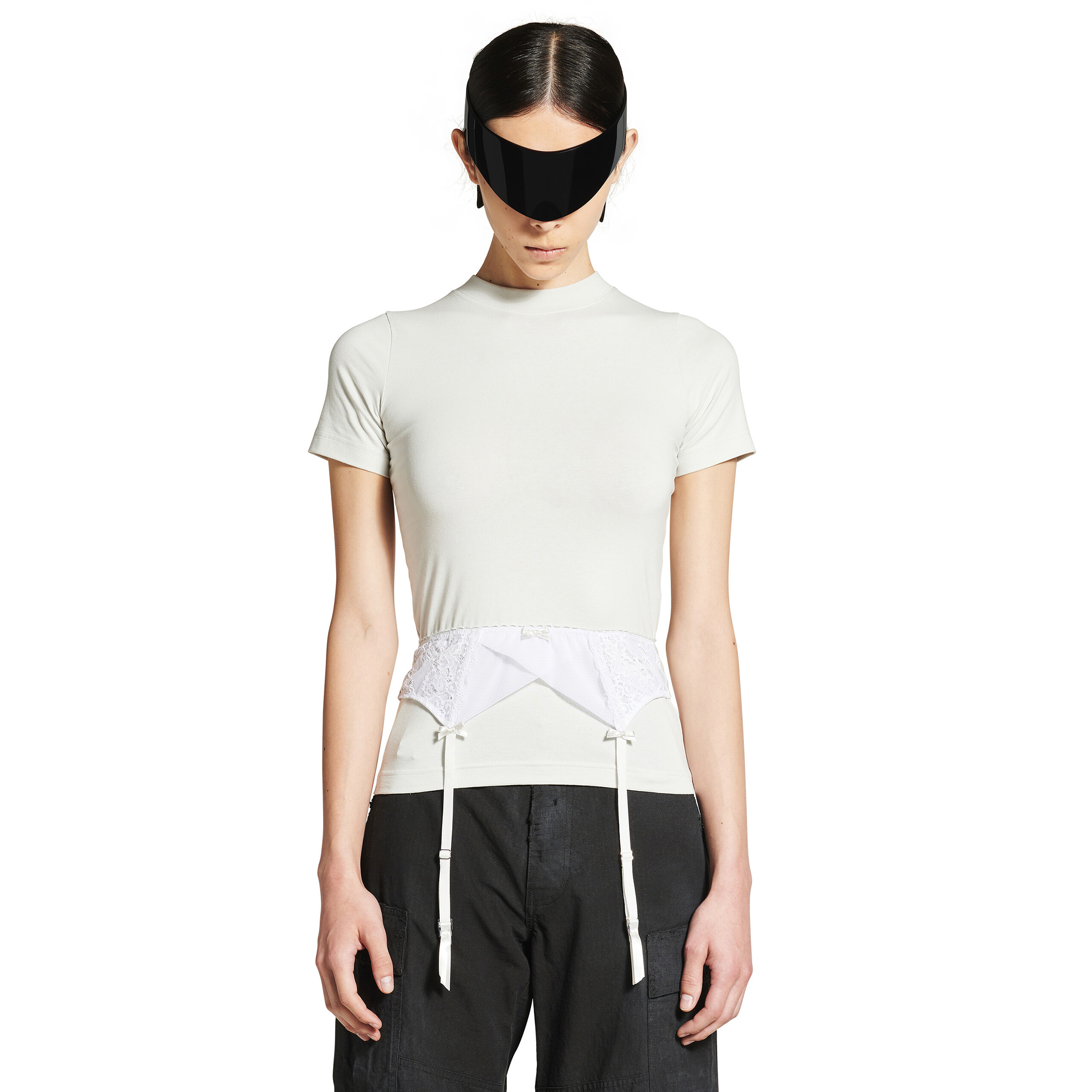 NIGO Balenciaga Lingerie T-shirt Women's Spring/Summer Faded Black White Stretch Plain Knit Tee Casual Bow Lace Splicing Slim Fit Tee Ngvp #nigo1582