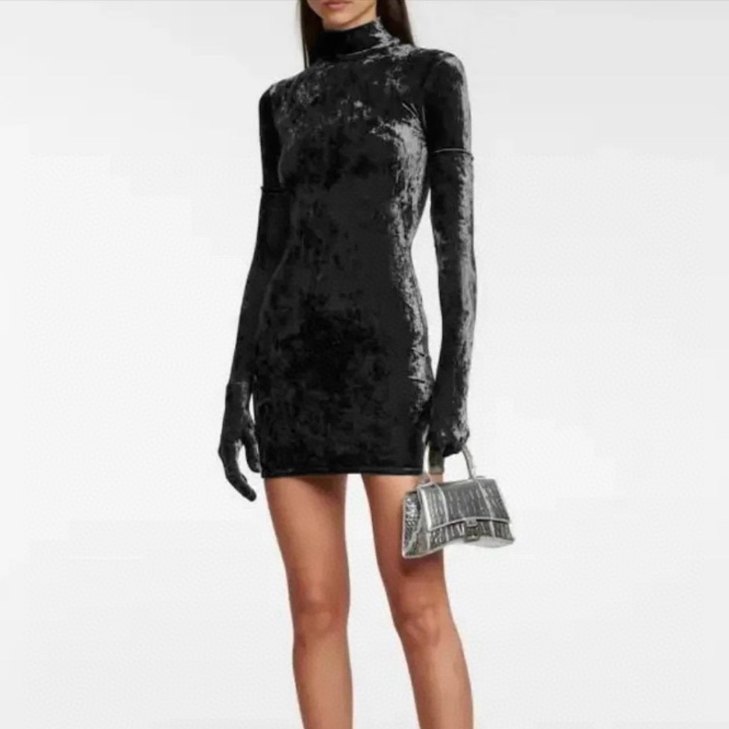 NIGO Balenciaga Women's Spring Summer Autumn Straight Solid Color Velvet High Padded Shoulder Slim Long Sleeve Dresses #nigo81186