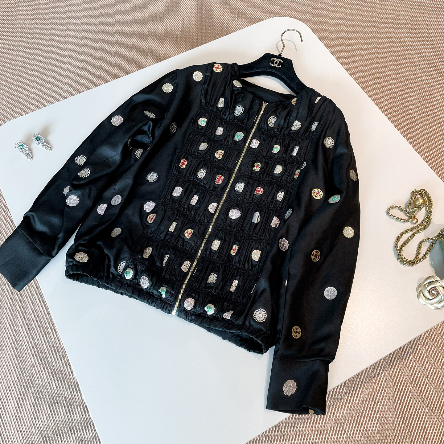 NIGO Chanel Women's Retro Gold Coin Embroidery Silk Zipper Long Sleeve Jacket Spring and Autumn Casual Solid Color Pants Trousers #nigo81187