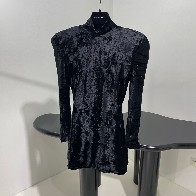 NIGO Balenciaga Women's Spring Summer Autumn Straight Solid Color Velvet High Padded Shoulder Slim Long Sleeve Dresses #nigo81186