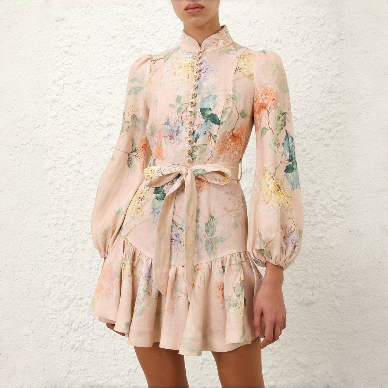 NIGO Zimmermann Women's Summer Floral Print Drawstring Mini Ruched Skirt Long Sleeve Dresses #nigo76668