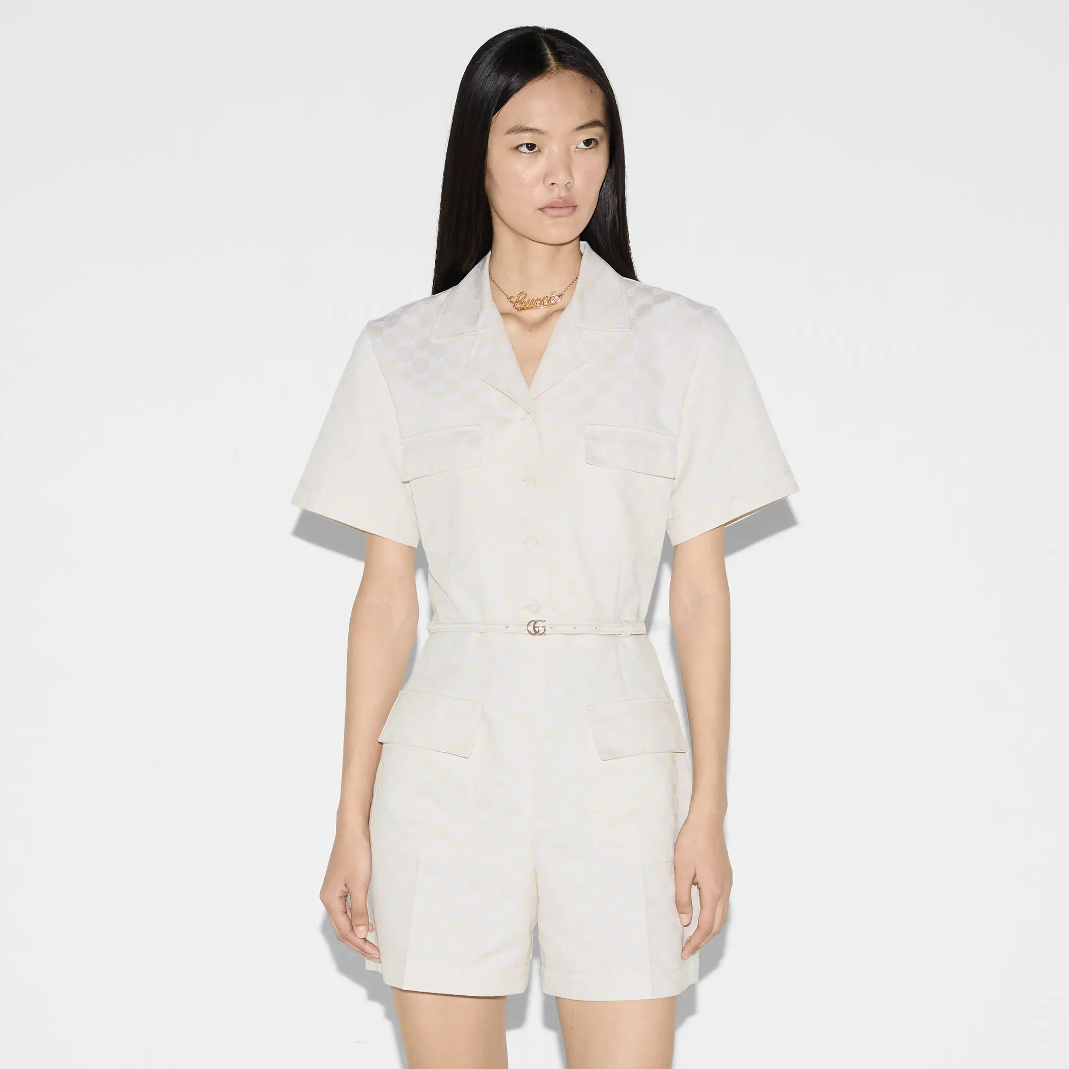 NIGO Gucci Women's Spring And Summer Letter Print Solid Colour Drawstring Waist Short Sleeved Single Breasted Jumpsuit #nigo76663