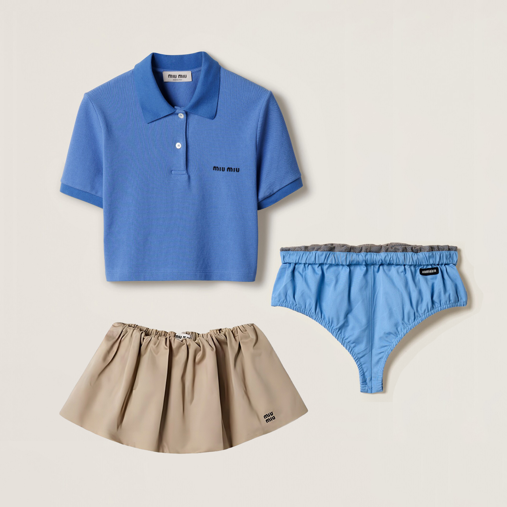 NIGO MiuMiu Women's Summer Solid Color Polo Neck Cotton Short Sleeve T-Shirt Pleated Puffy Skirt Triangle Panty Set Suit #nigo76643