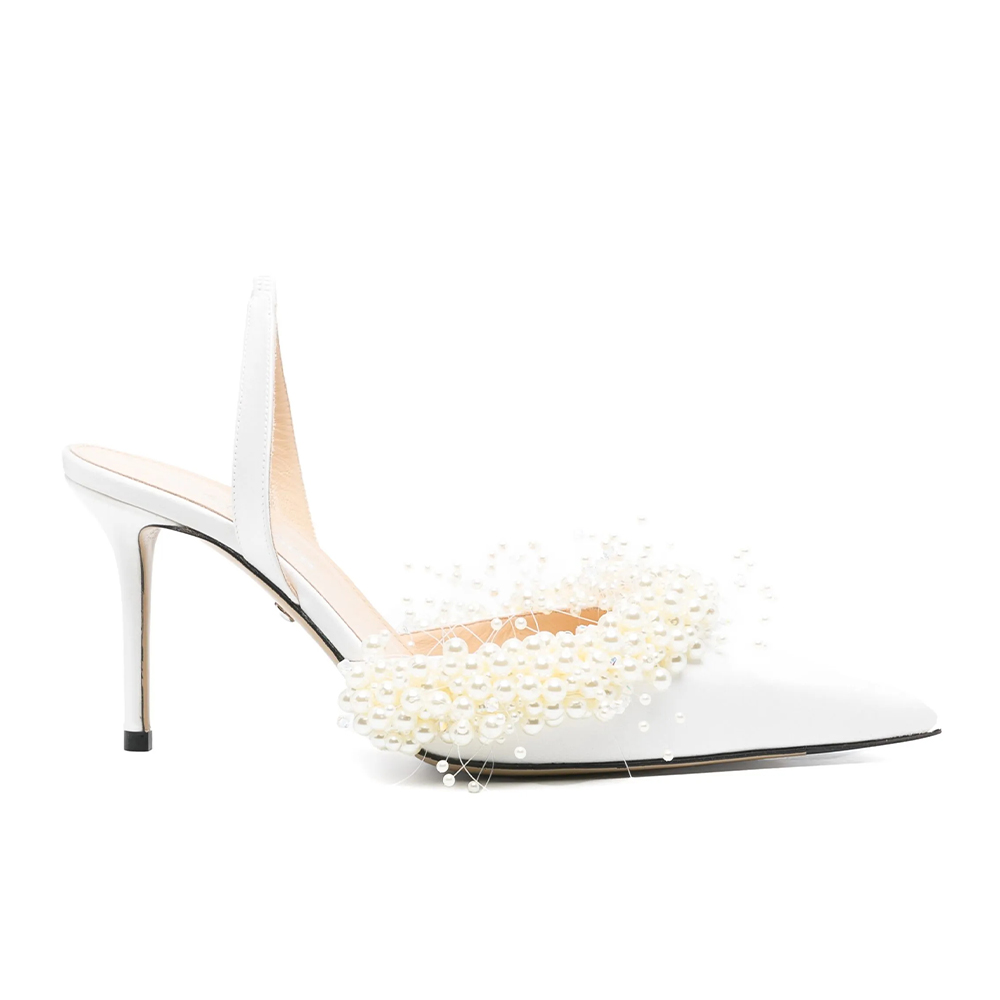 NIGO Mach & Mach Women's Spring, Summer And Autumn Pointed Toe Pearl Decorated Satin Solid Color High Heels Fine Heeled 8.5cm Casual Sandals Shoes Ngvp #nigo1532