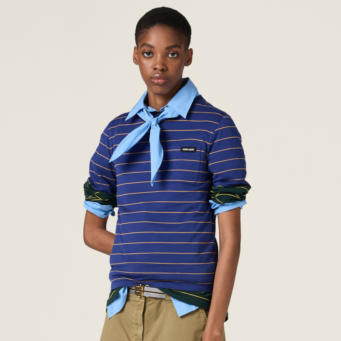 NIGO MiuMiu Women's Color Blocking Striped Logo Summer Round Neck Solid Color Knit Short Sleeve Jersey T-shirt Set Of Three #nigo76678