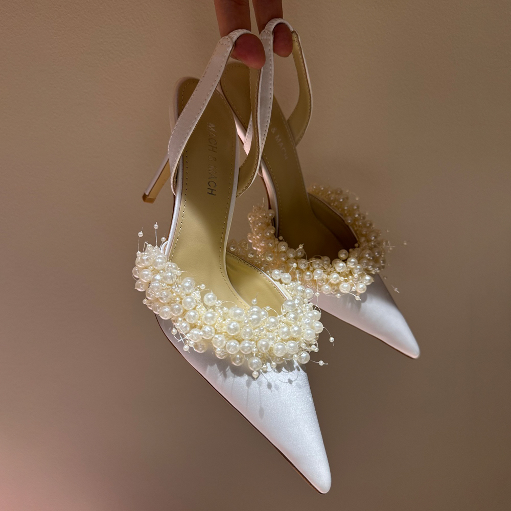 NIGO Mach & Mach Women's Spring, Summer And Autumn Pointed Toe Pearl Decorated Satin Solid Color High Heels Fine Heeled 8.5cm Casual Sandals Shoes Ngvp #nigo1532