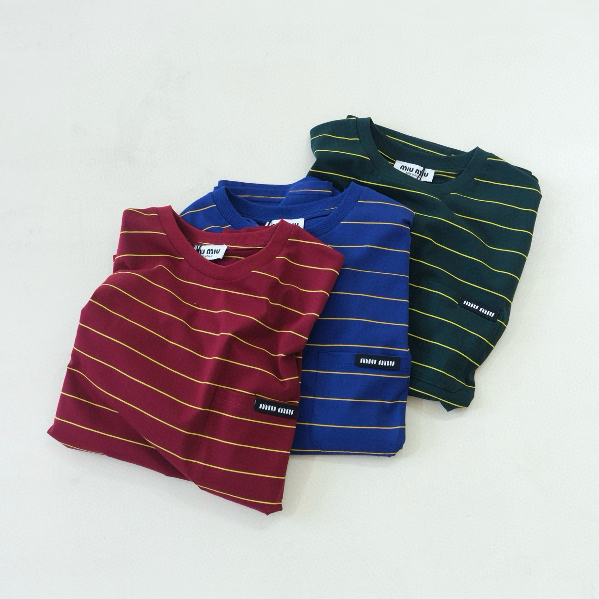 NIGO MiuMiu Women's Color Blocking Striped Logo Summer Round Neck Solid Color Knit Short Sleeve Jersey T-shirt Set Of Three #nigo76678