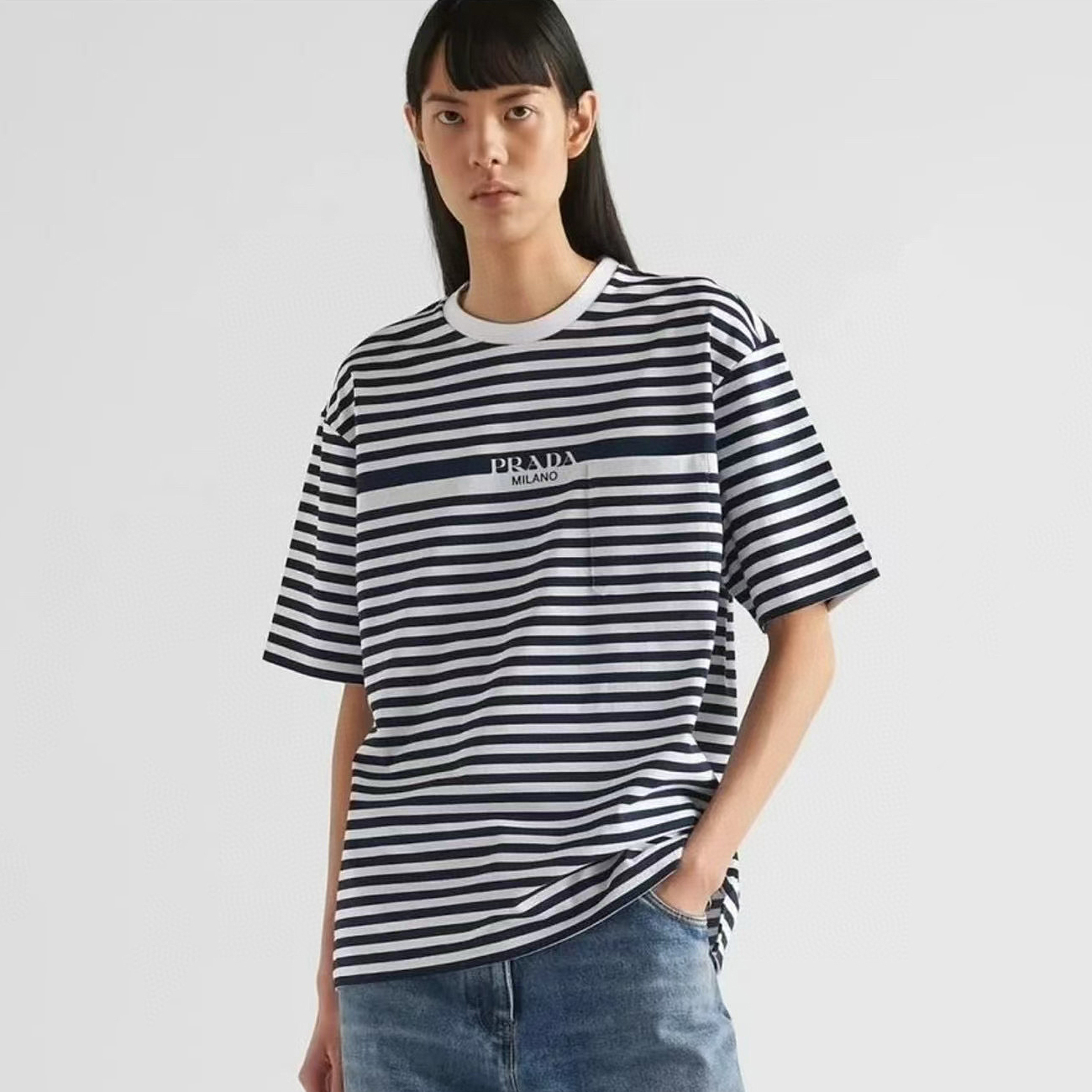 NIGO Prada Women's Summer Stripe Printed Round Neck Cotton Short Sleeve T-Shirt #nigo76683