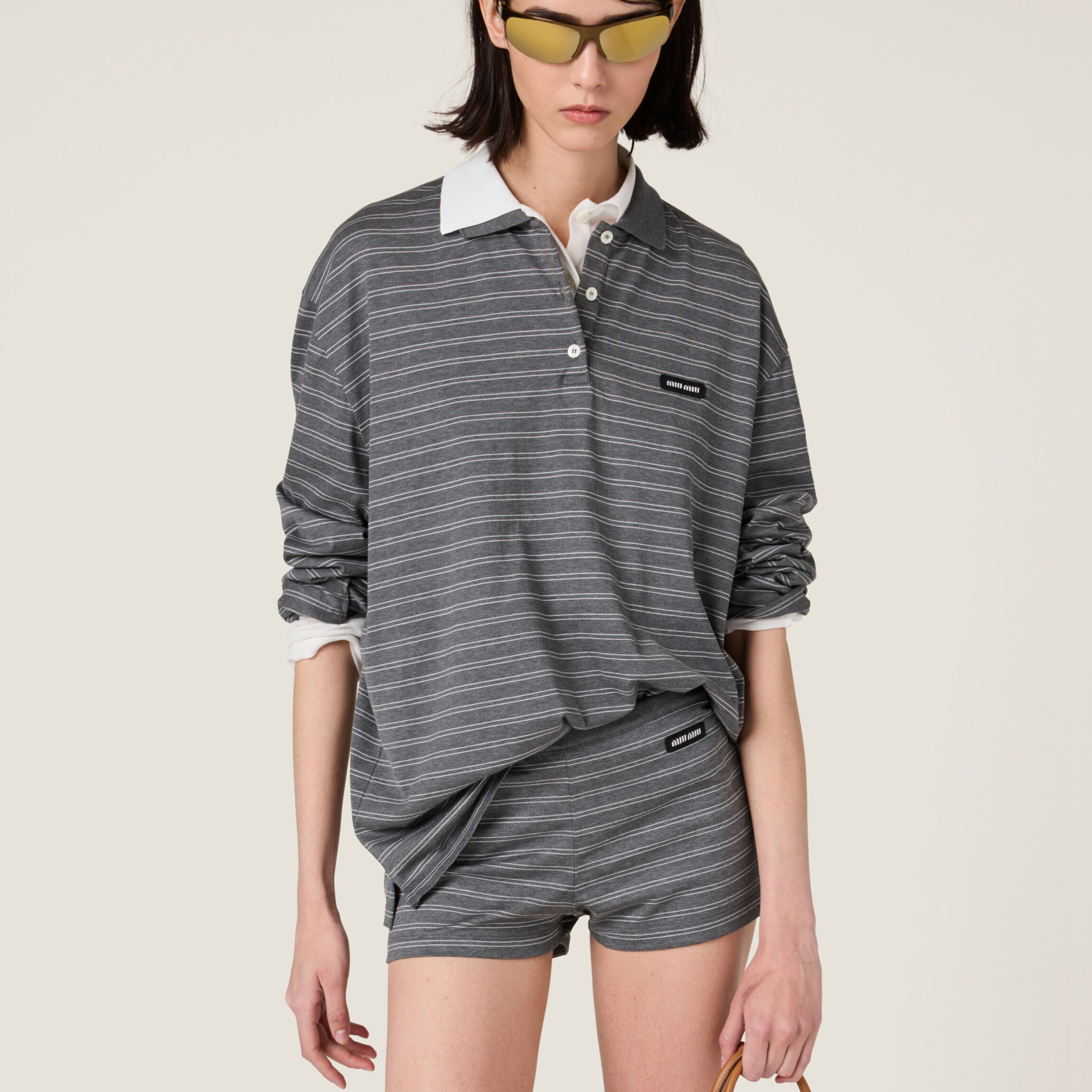 NIGO MiuMiu Women's Spring Summer Striped Printed Polo Neck Long Sleeve T-Shirt Cotton Casual Shorts Set Suit #nigo76691