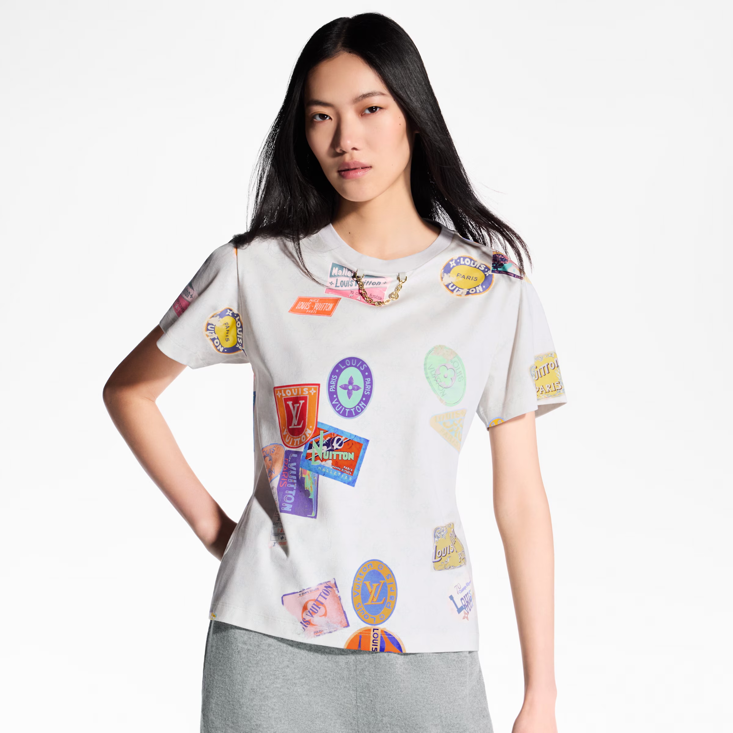 NIGO Louis Vuitton Women's Summer Flight Stamp Print Crew Neck Cotton Short Sleeve T-Shirt #nigo76695