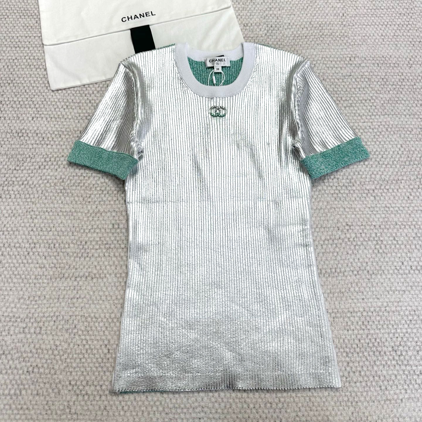 NIGO Chanel Women's Summer Round Neck Colour Block Silver Short Sleeve T-Shirt #nigo76694