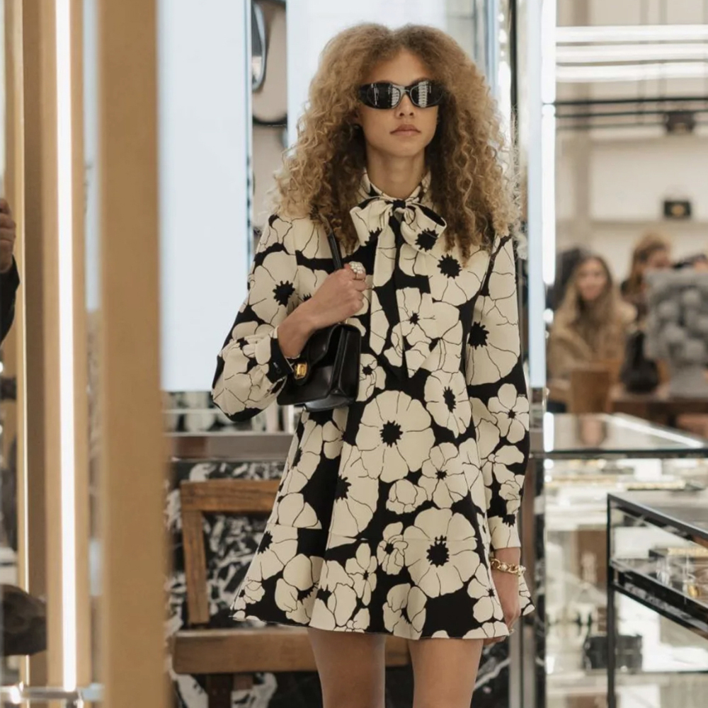 NIGO Celine Women's Summer Black And White Floral Pattern Bow Neckline Long Sleeve Dresses #nigo76713