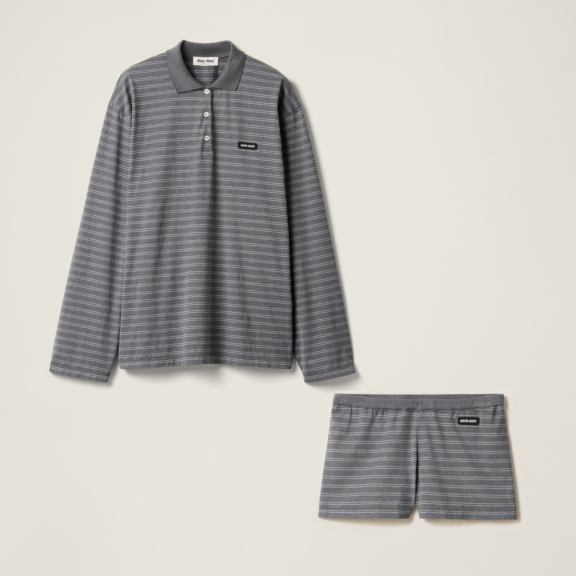 NIGO MiuMiu Women's Spring Summer Striped Printed Polo Neck Long Sleeve T-Shirt Cotton Casual Shorts Set Suit #nigo76691