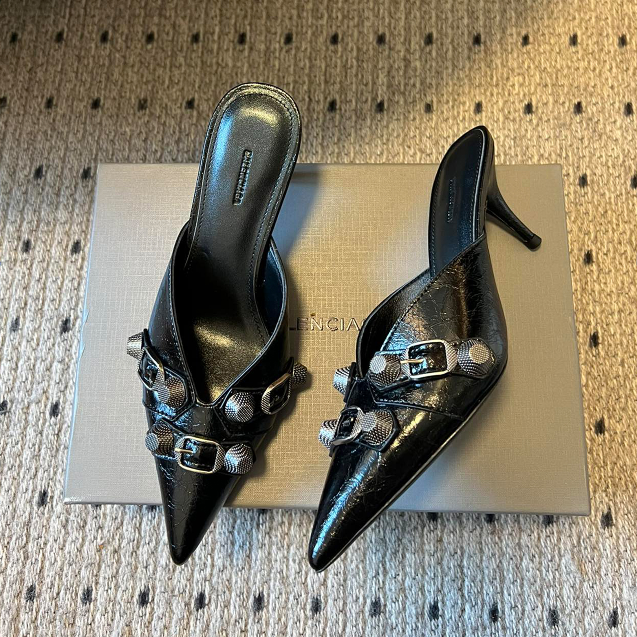 NIGO Balenciaga Cowhide Metal Buckle Rivets Pointed Toe Slippers Female External Wear High Heel Half Slippers Fine Heel 8.5cm Ngvp #nigo1594