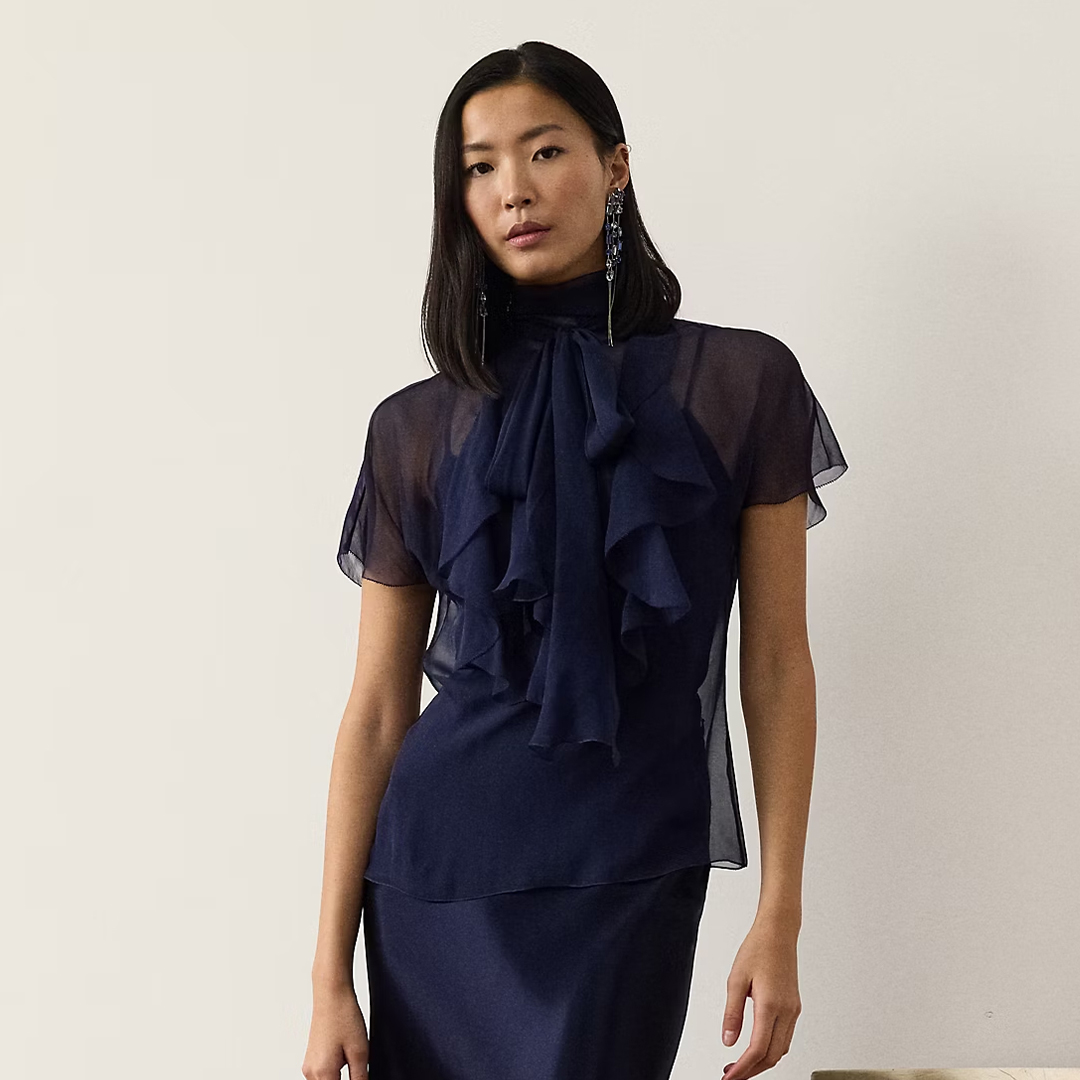 NIGO Ralph Lauren ﻿Women's Etta Washed Chiffon Blouse Summer Solid Color Ruffle Short Sleeve Loose Shirt Ngvp #nigo1542