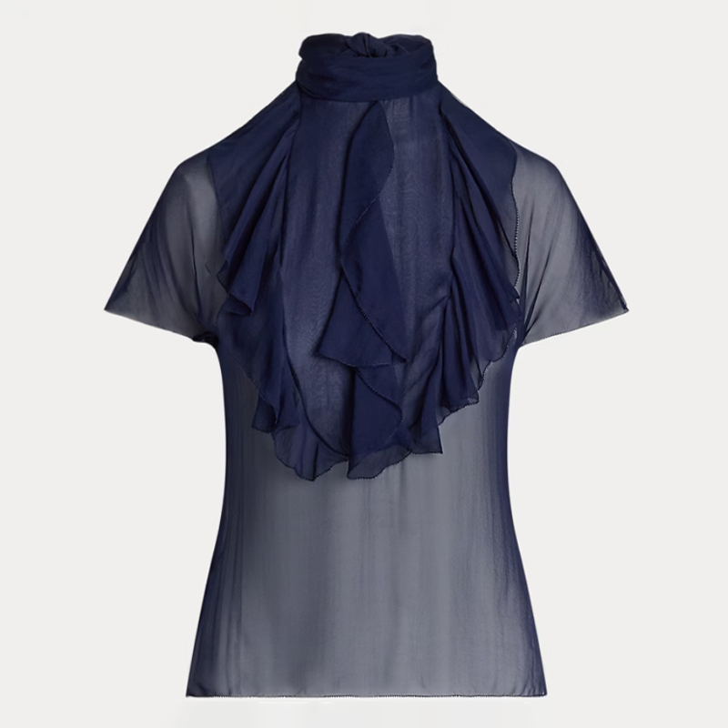 NIGO Ralph Lauren ﻿Women's Etta Washed Chiffon Blouse Summer Solid Color Ruffle Short Sleeve Loose Shirt Ngvp #nigo1542