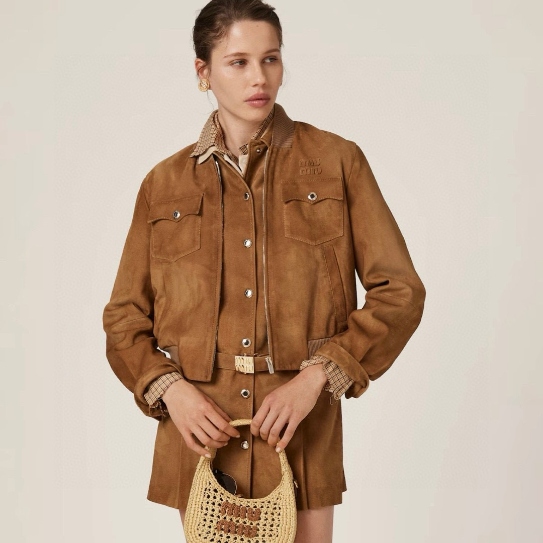 NIGO MiuMiu Women's Logo Letters Retro Suede Jacket Loose Short Section Spring And Autumn Long-Sleeved Jacket #nigo81191