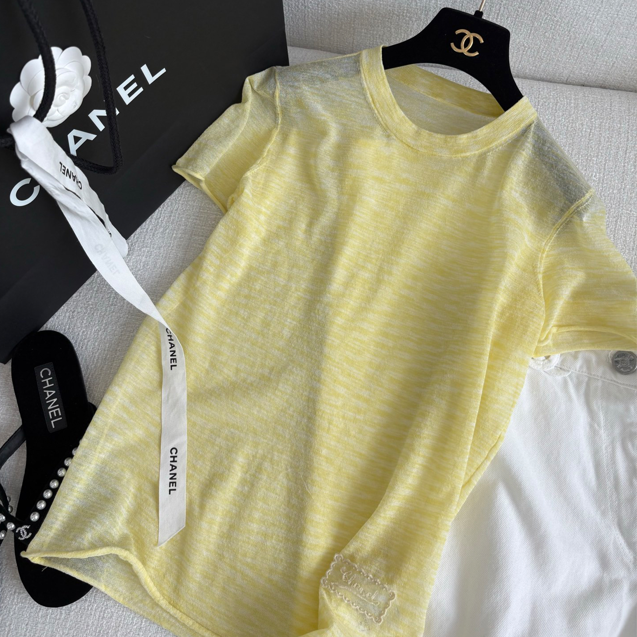 NIGO Chanel Women's Spring Summer Pink Yellow Blue Stripe Slim T-shirt Round Neck Short Sleeve Cotton Yarn Top Ngvp #nigo1596