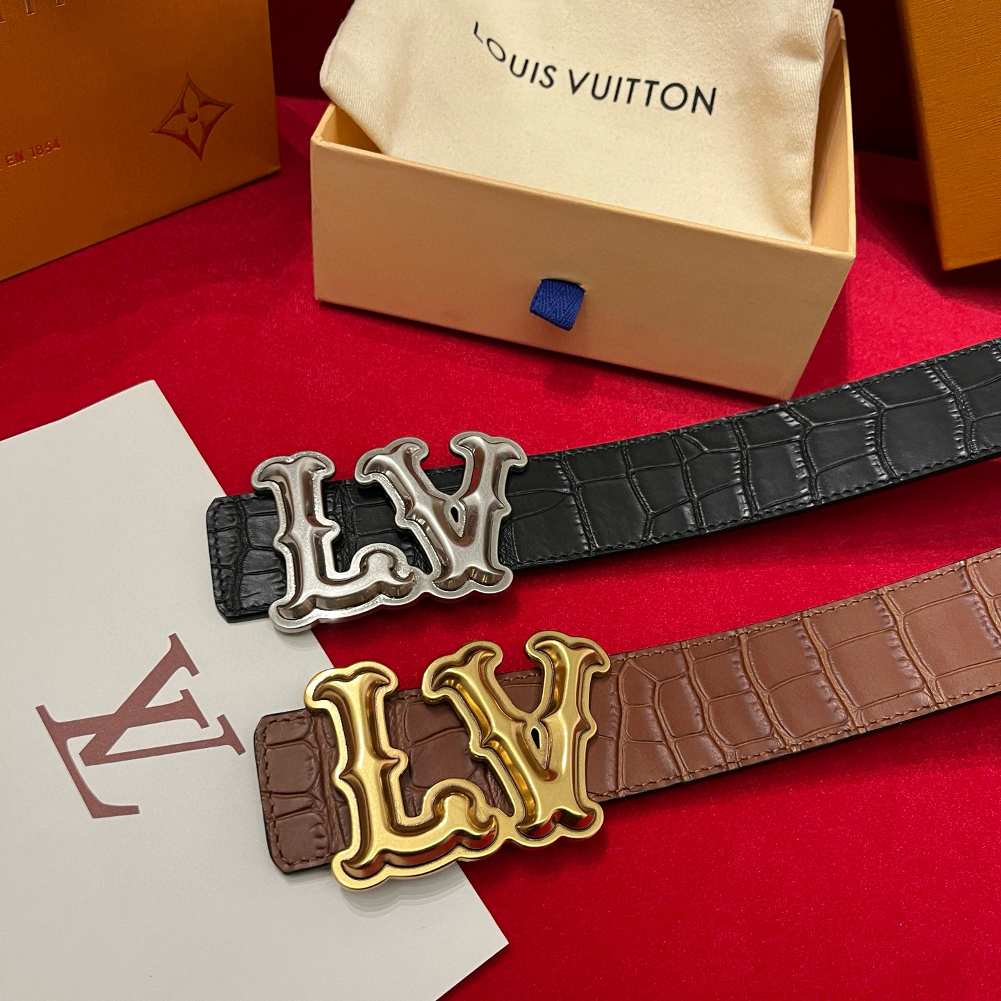 NIGO Louis Vuitton Men's Solid Coloured Calfskin Finish Crocodile Pattern Metal Buckle 4cm Belt #nigo76745