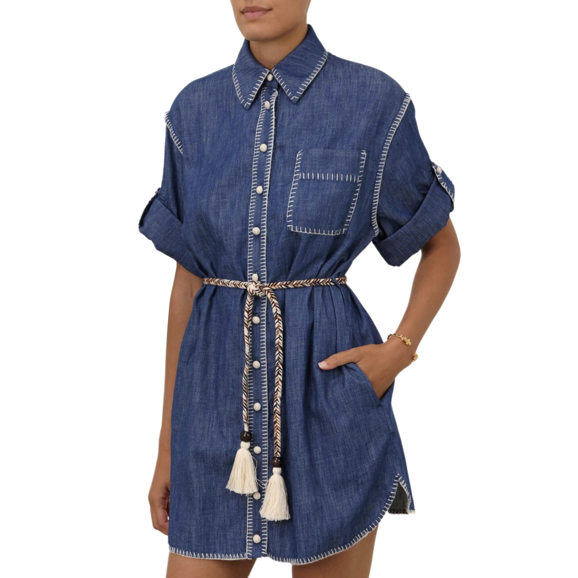 NIGO Zimmermann Women's Spring Summer Solid Colour Tassel Belt Denim Single Breasted Short Sleeve Dresses #nigo76731