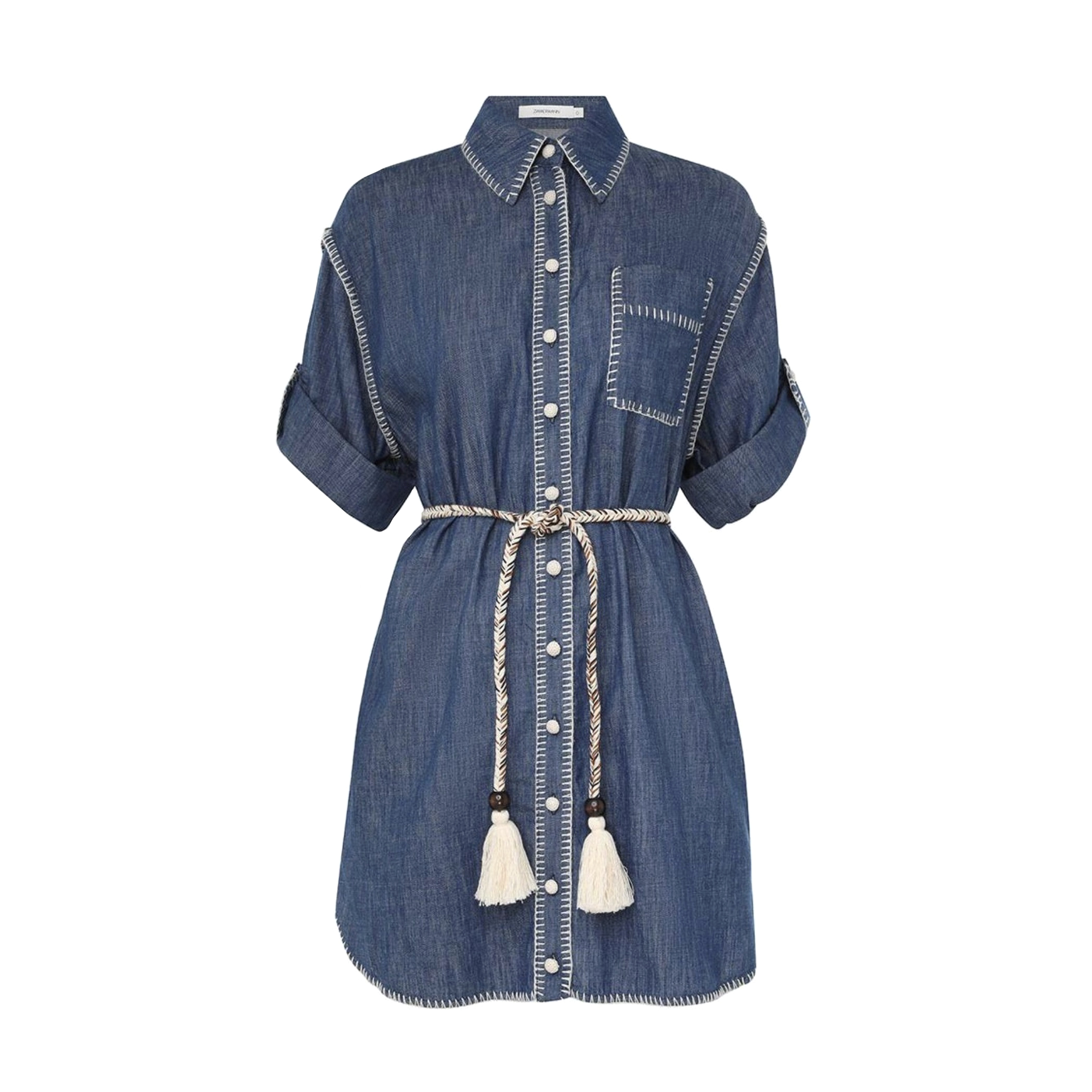 NIGO Zimmermann Women's Spring Summer Solid Colour Tassel Belt Denim Single Breasted Short Sleeve Dresses #nigo76731