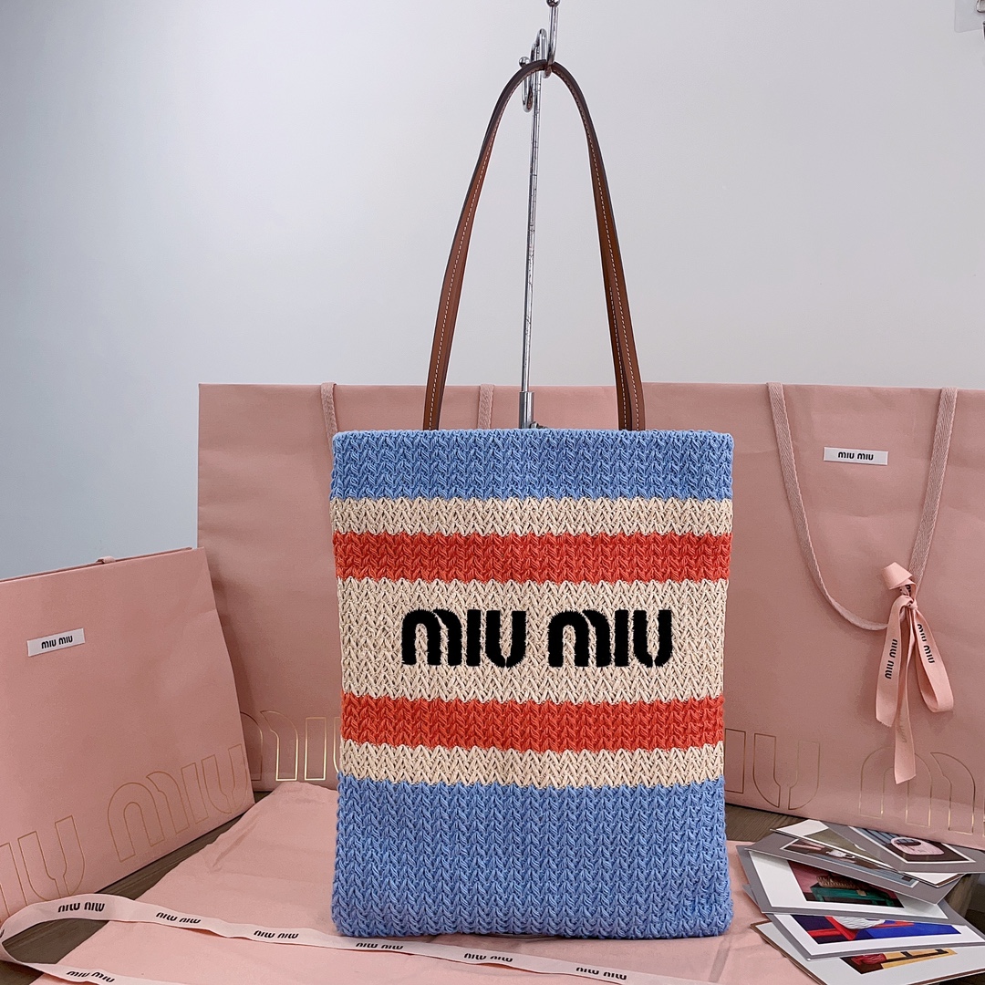NIGO MiuMiu Women's Logo Embroidery Raffia Patchwork Cotton Thread Woven Shopping Bag Shoulder Tote Bags #nigo76743