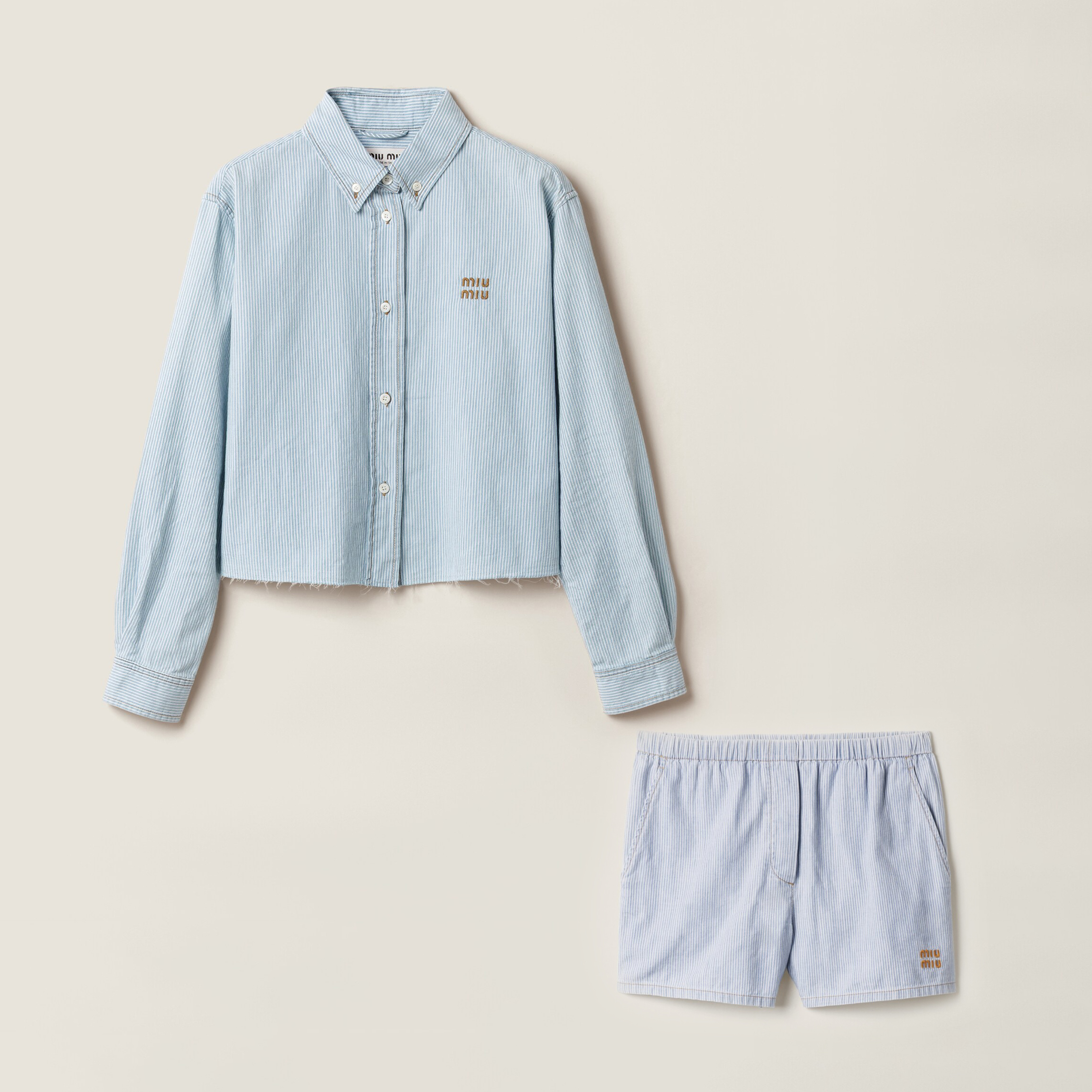 NIGO MiuMiu Women's Striped Printed Solid Colour Single Breasted Long Sleeve Denim Shirt Jacket Casual Elastic Waist Shorts Set Suit #nigo76754