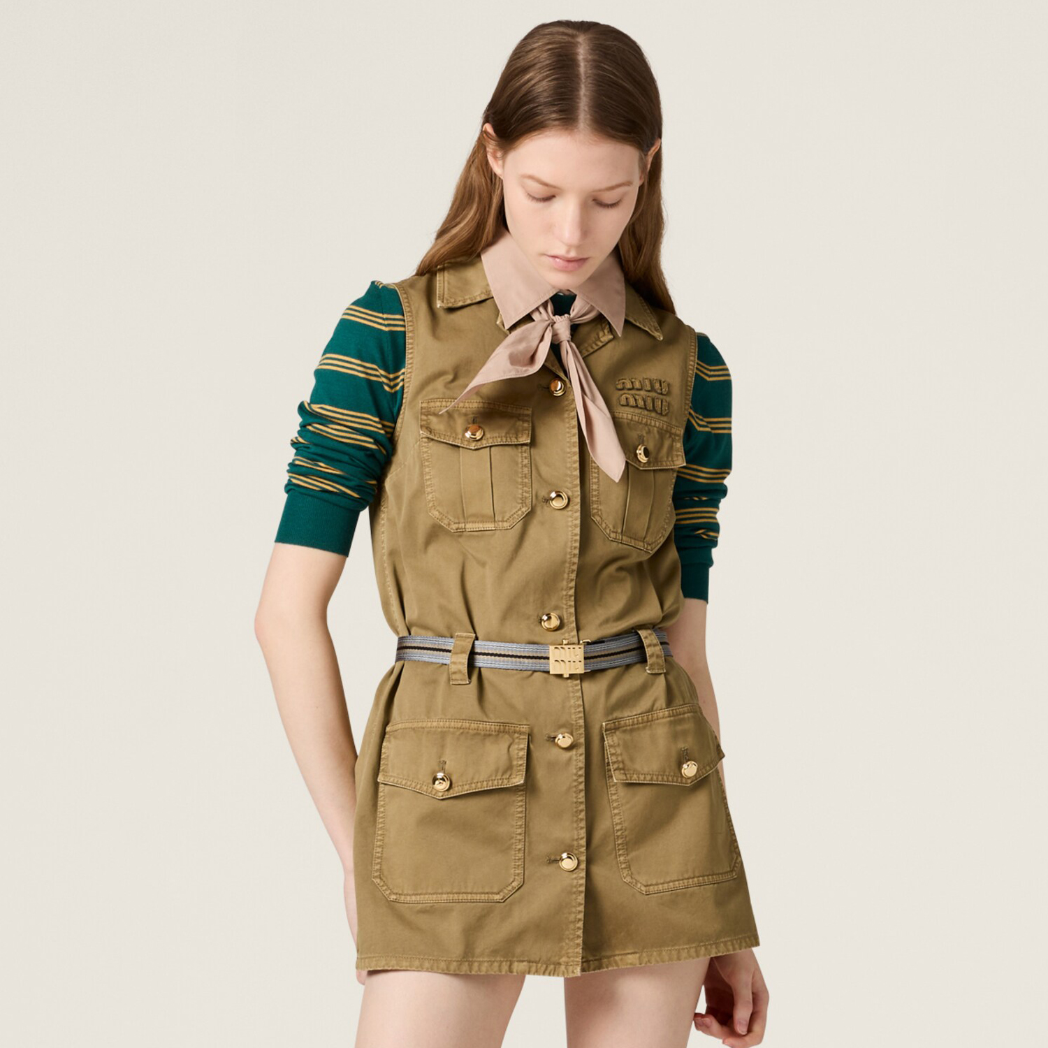 NIGO MiuMiu Women's Summer Solid Colour Letter Pocket Drawstring Waist Sleeveless Single Breasted Dress #nigo76753