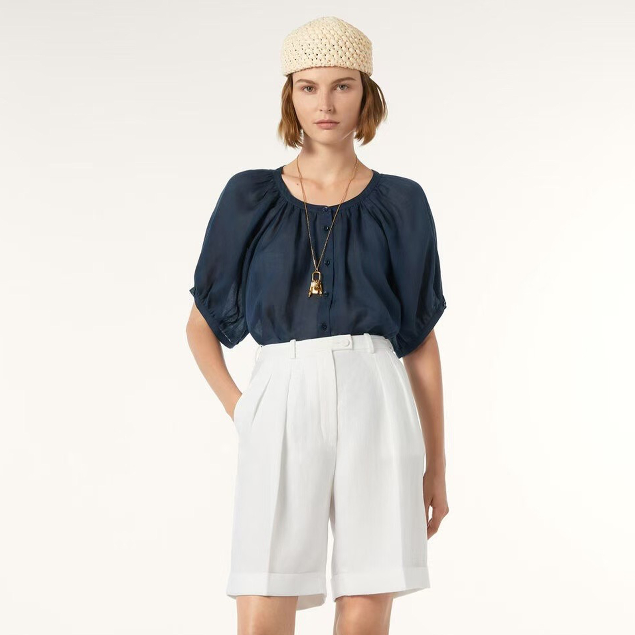 NIGO Loro Piana Women's Spring And Summer Delicate Round Neck Pleated Short-sleeved Premium Linen Silhouette Elegant Versatile T-shirt Shirt Tops Ngvp #nigo1616