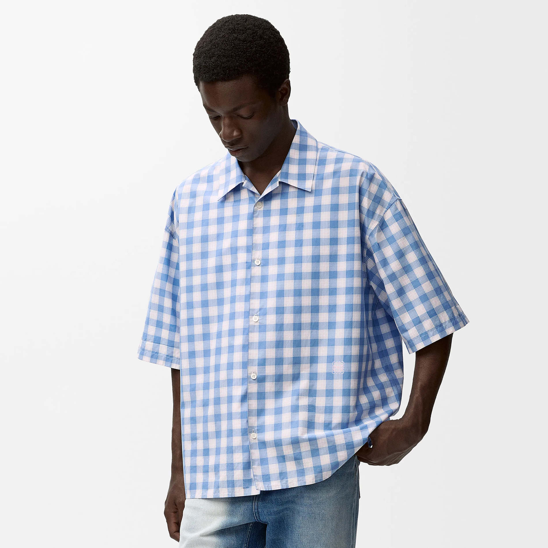 NIGO Loewe Men's Summer Solid Colour Check Printed Single Breasted Short Sleeve Shirt #nigo76766