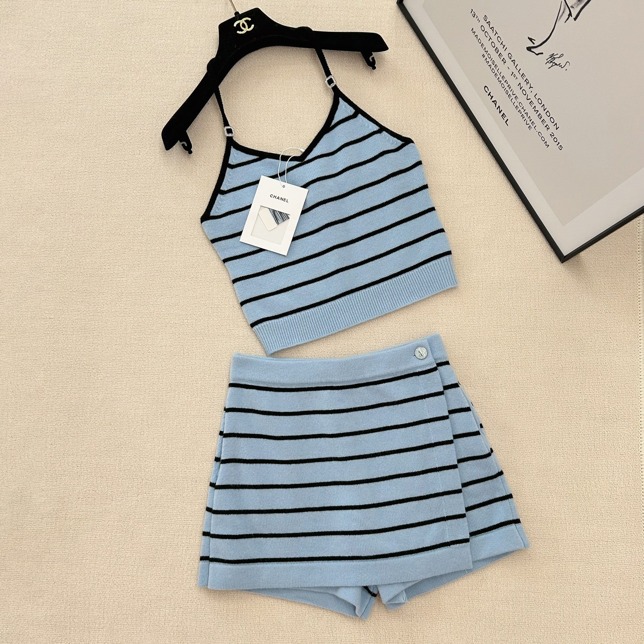 NIGO Chanel Women's Spring And Summer Holiday Blue And White Striped Suspender Shorts Suit Set Knitted Fashion Temperament Top Sexy Shorts Ngvp #nigo1621