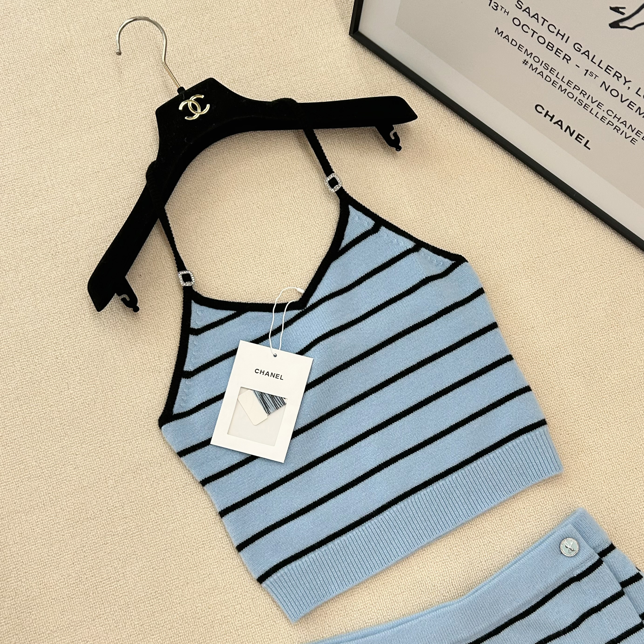 NIGO Chanel Women's Spring And Summer Holiday Blue And White Striped Suspender Shorts Suit Set Knitted Fashion Temperament Top Sexy Shorts Ngvp #nigo1621