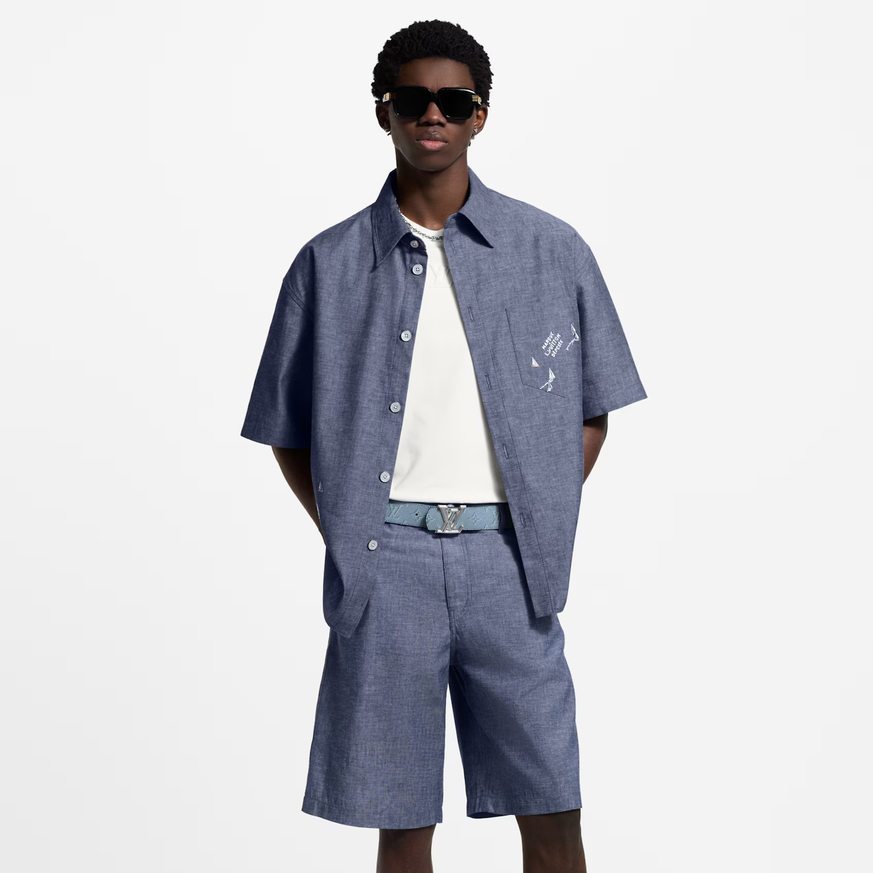 NIGO Louis Vuitton Men's Summer Solid Colour Embroidery Printed Single Breasted Short Sleeve Shirt Casual Shorts Suit Set #nigo76792