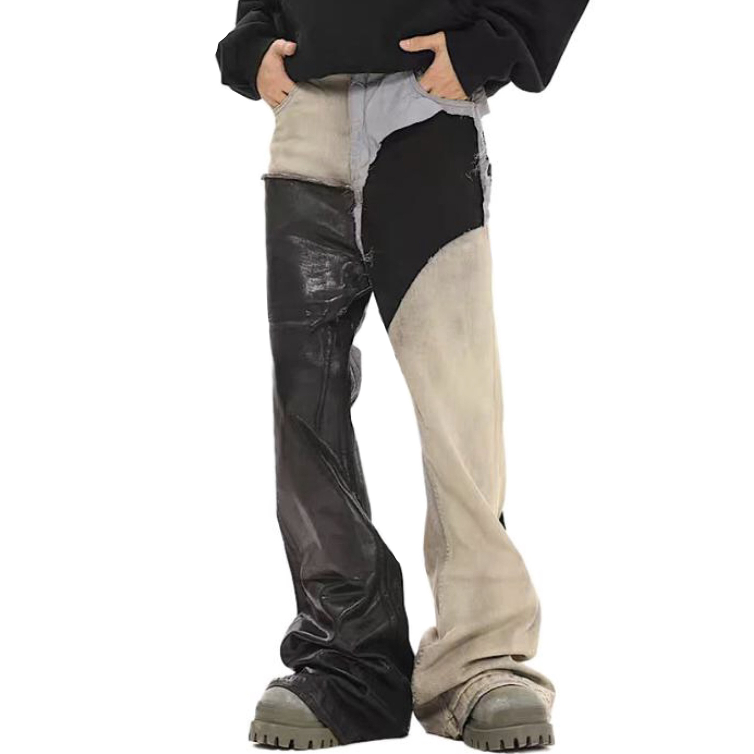 NIGO Rick Owens Men's Spring and Autumn Old Wash Splicing Coating Wax Pants Wide Leg Flare Jeans Pants #nigo76795