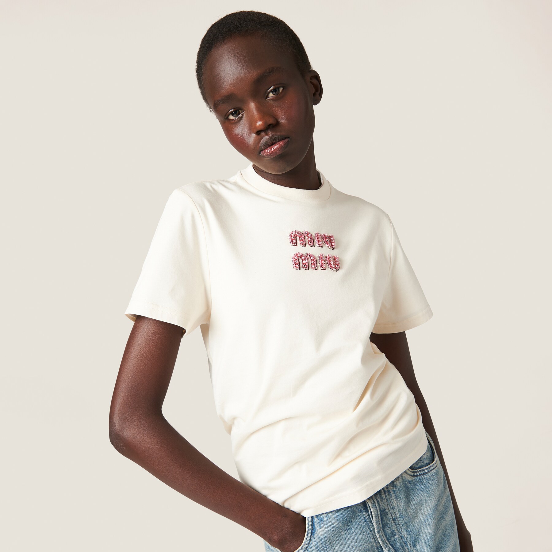 NIGO MiuMiu Women's Summer Solid Color Embroidery Beaded Letter Print Round Neck Short Sleeve T-Shirt #nigo76798