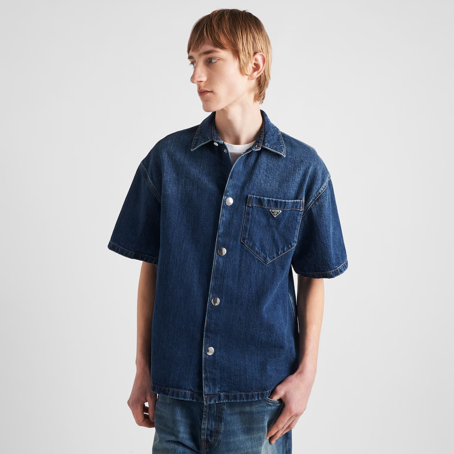 NIGO Prada Men's Spring Summer Solid Colour Metal Triangle Logo Single Breasted Short Sleeve Denim Shirt Jacket #nigo76867