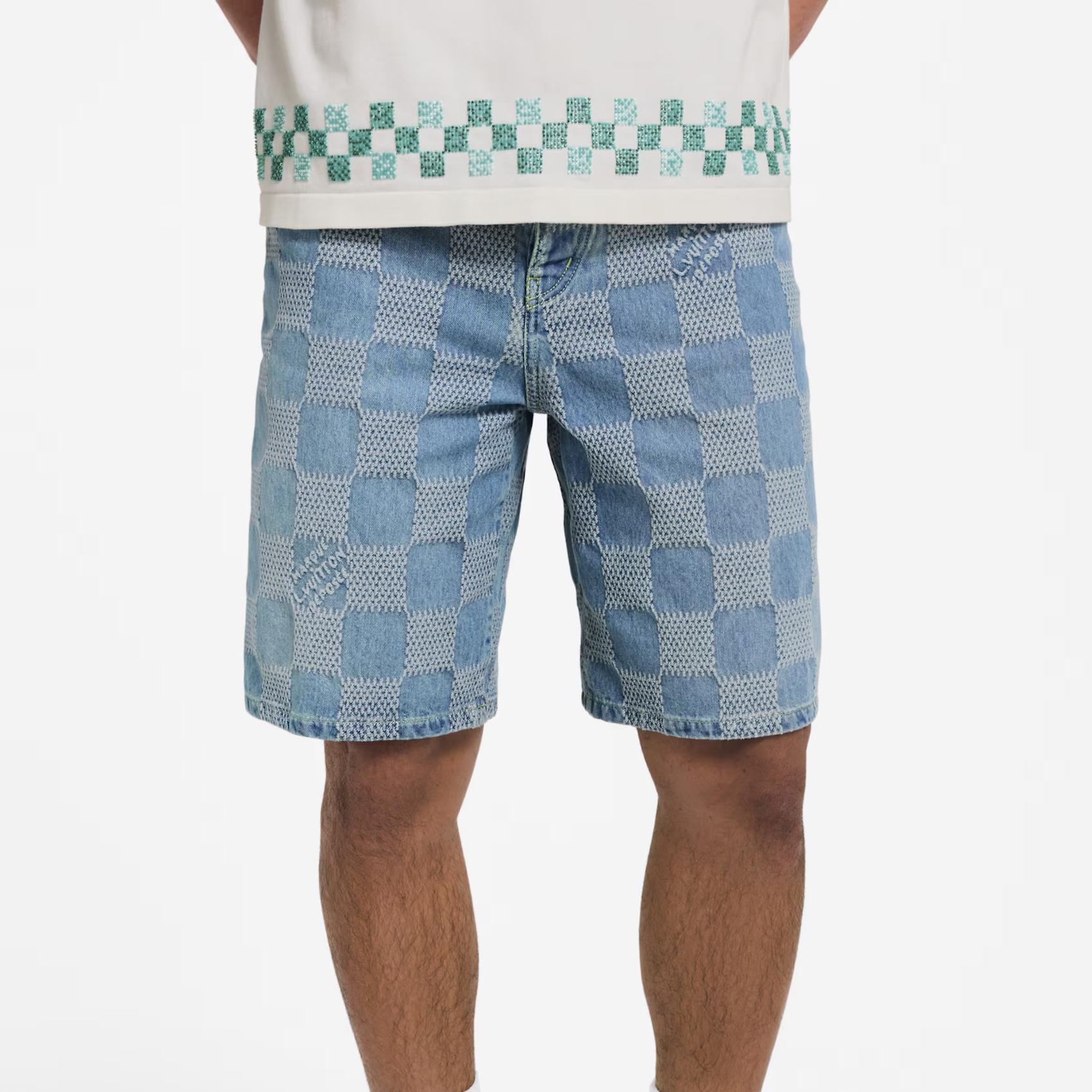 NIGO Louis Vuitton Men's Summer Solid Colour Checkerboard 3D Print Casual Denim Shorts #nigo76864