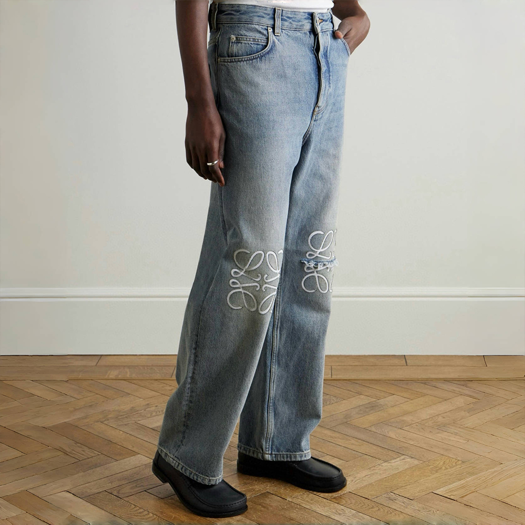 NIGO Loewe Men's Four Seasons Anagram Baggy Jeans Cotton Washed Hollow Slash Logo Trousers Pants #nigo76834