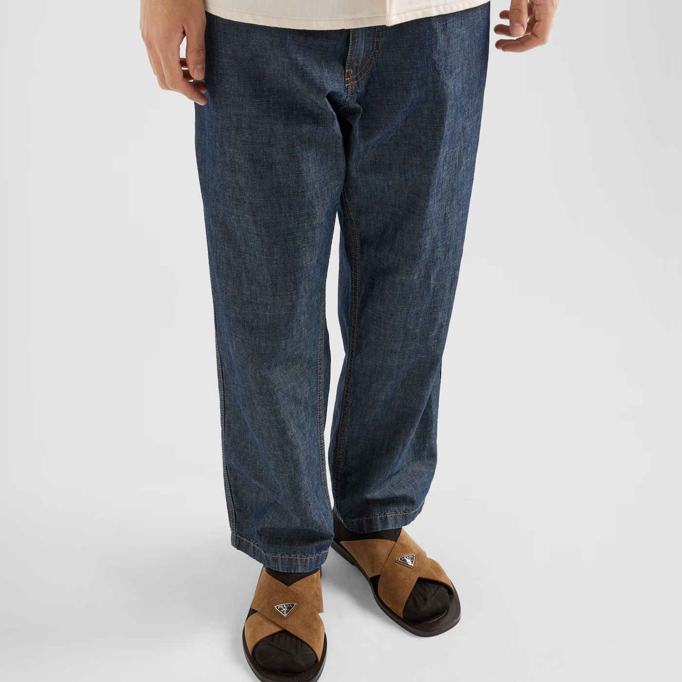 NIGO Prada Men's Spring Summer Solid Colour Metallic Triangle Logo Jeans Pants #nigo76866