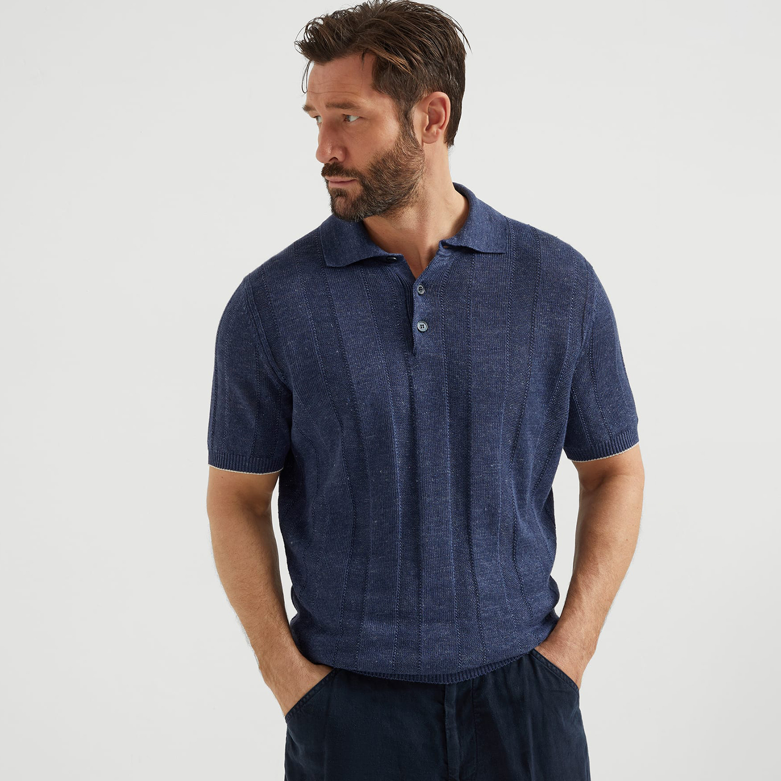 NIGO Brunello Cucinelli Men's Summer Solid Color Fitted Short Sleeve Linen And Cotton Wide Rib Knit Polo Shirt Ngvp #nigo1559