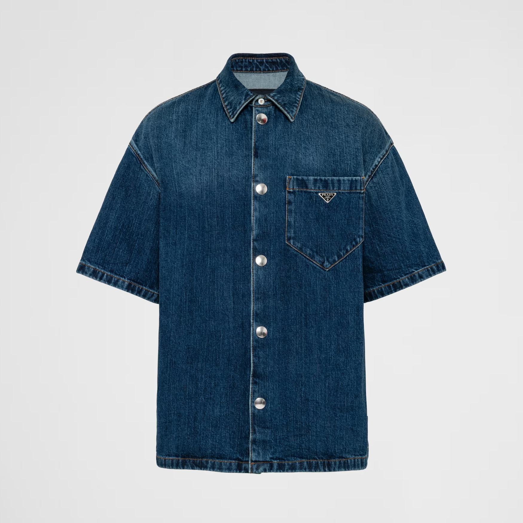 NIGO Prada Men's Spring Summer Solid Colour Metal Triangle Logo Single Breasted Short Sleeve Denim Shirt Jacket #nigo76867