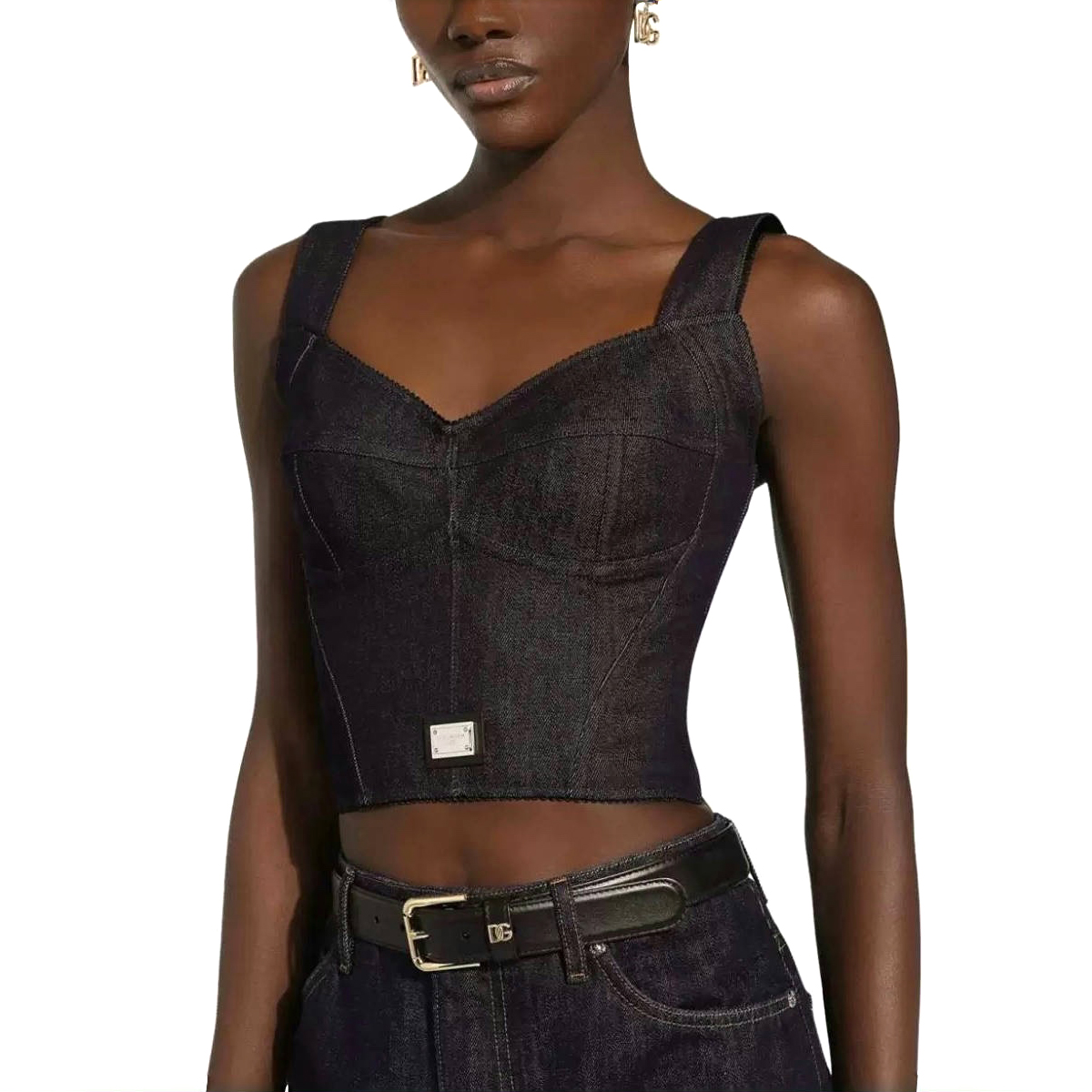 NIGO Dolce&Gabbana Women's Solid Colour Washed Denim Bra Style Suspender Jacket Lined Leopard Printed #nigo76862