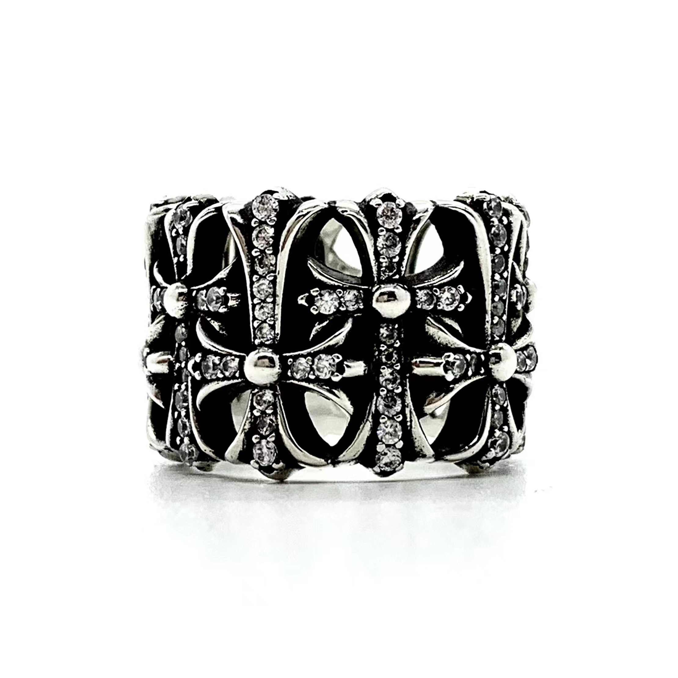 NIGO Chrome Hearts Men's Women's Vintage Diamond Set Cross Round Trendy Silver Tomb Rings Jewellery Accessories #nigo81265