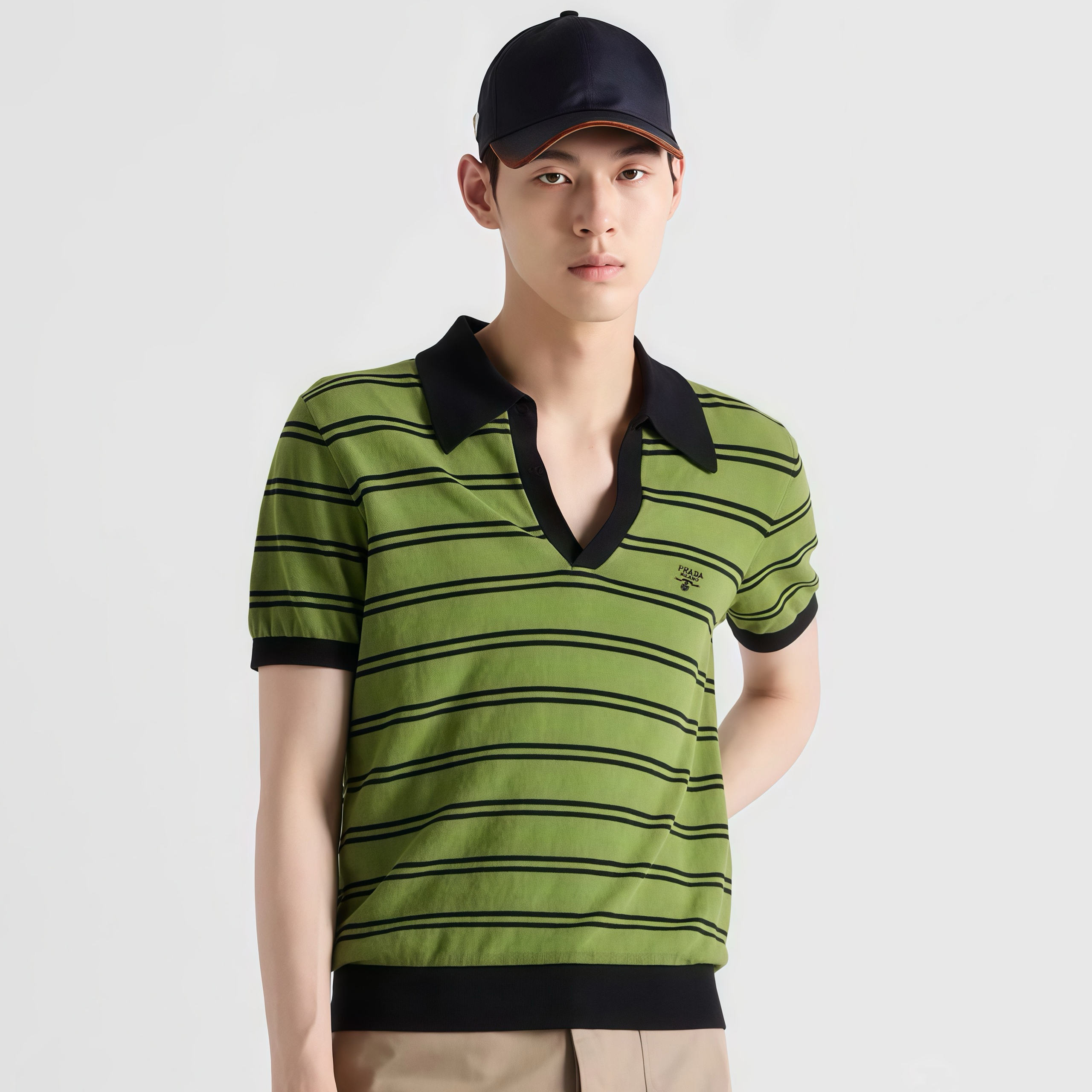 NIGO Prada Men's Summer Striped Logo Solid Color Knit Pullover Short Sleeve Polo Shirt #nigo81199